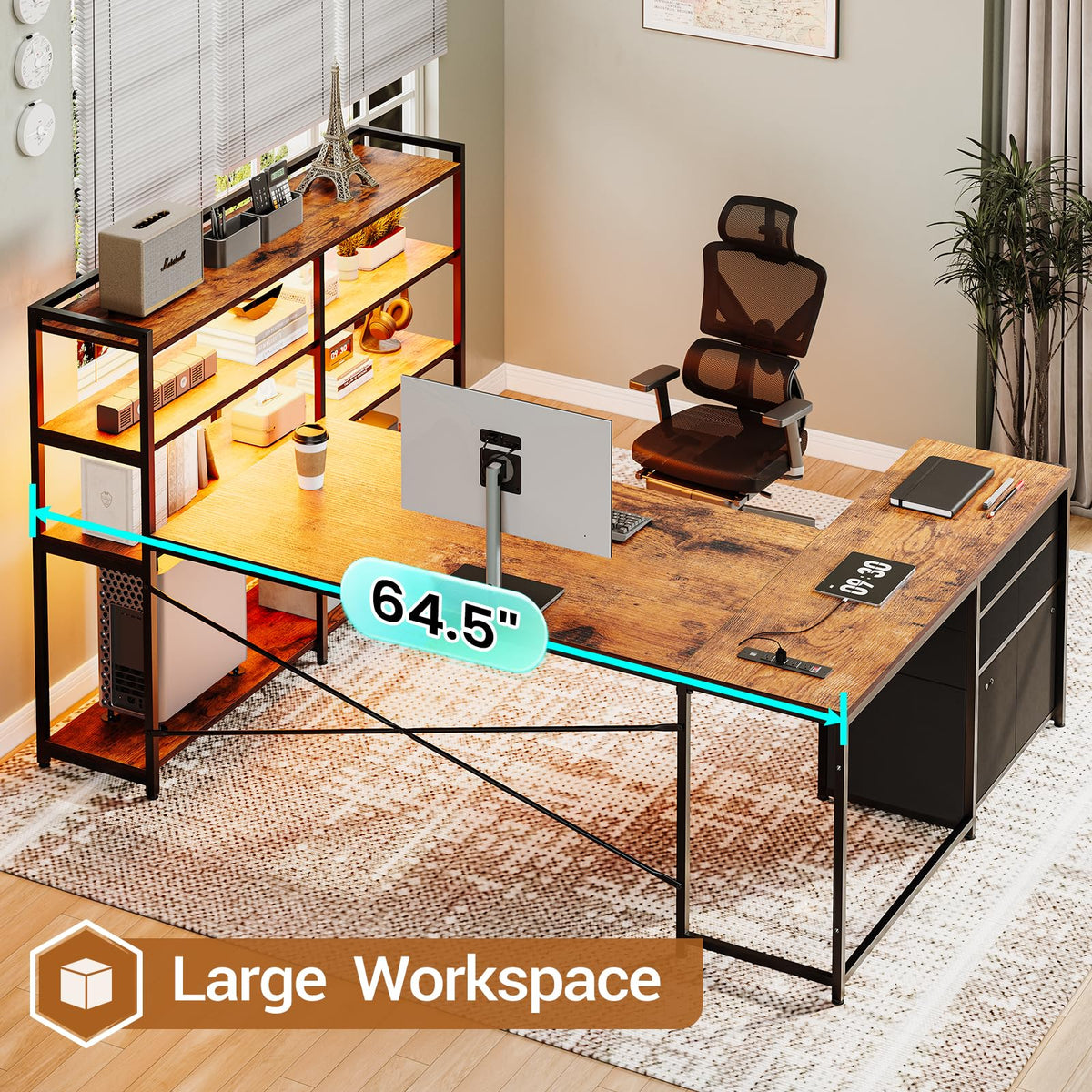 64.5" Reversible L Shaped Office Desk with Storage Drawers Y913451