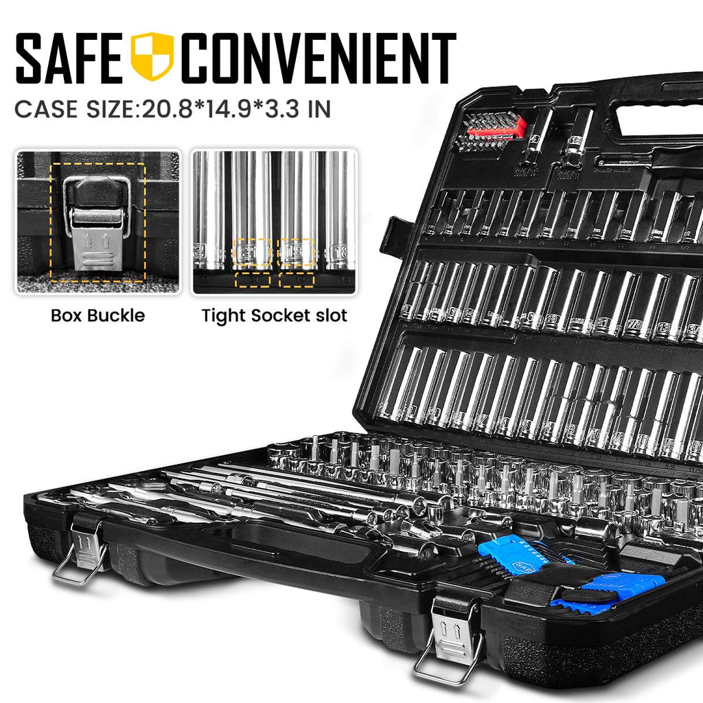 225PCS Mechanic Tool Set, 1/4" & 3/8" & 1/2" Drive Socket Wrench Set, Metric and Standard with 90-Tooth Ratchet E892