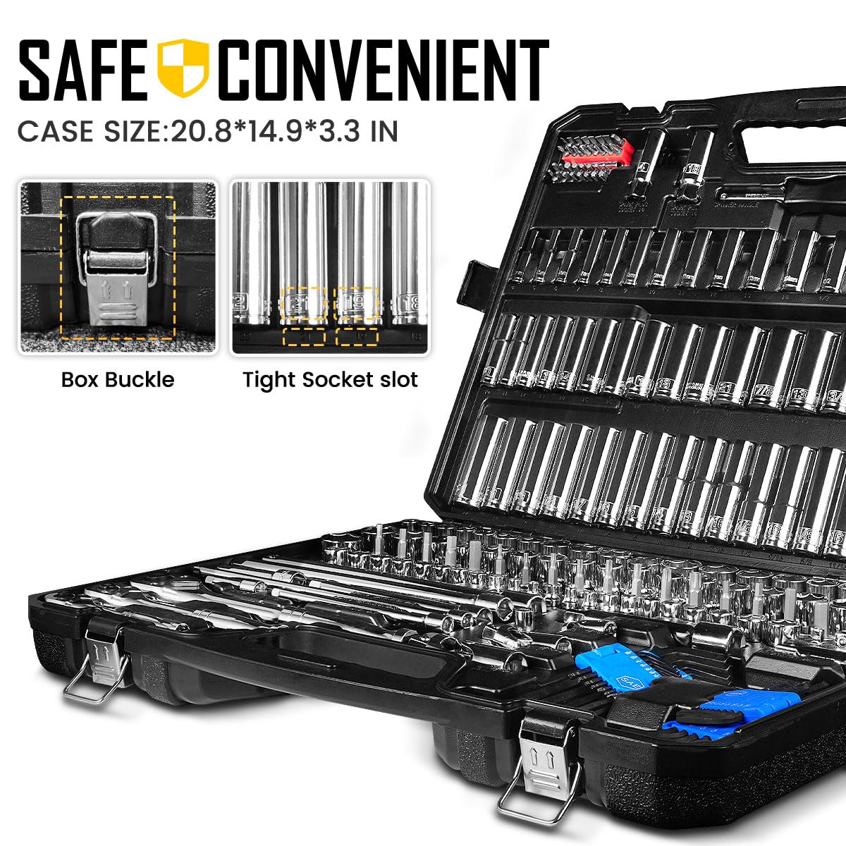 225PCS Mechanic Tool Set, 1/4" & 3/8" & 1/2" Drive Socket Wrench Set, Metric and Standard with 90-Tooth Ratchet E892