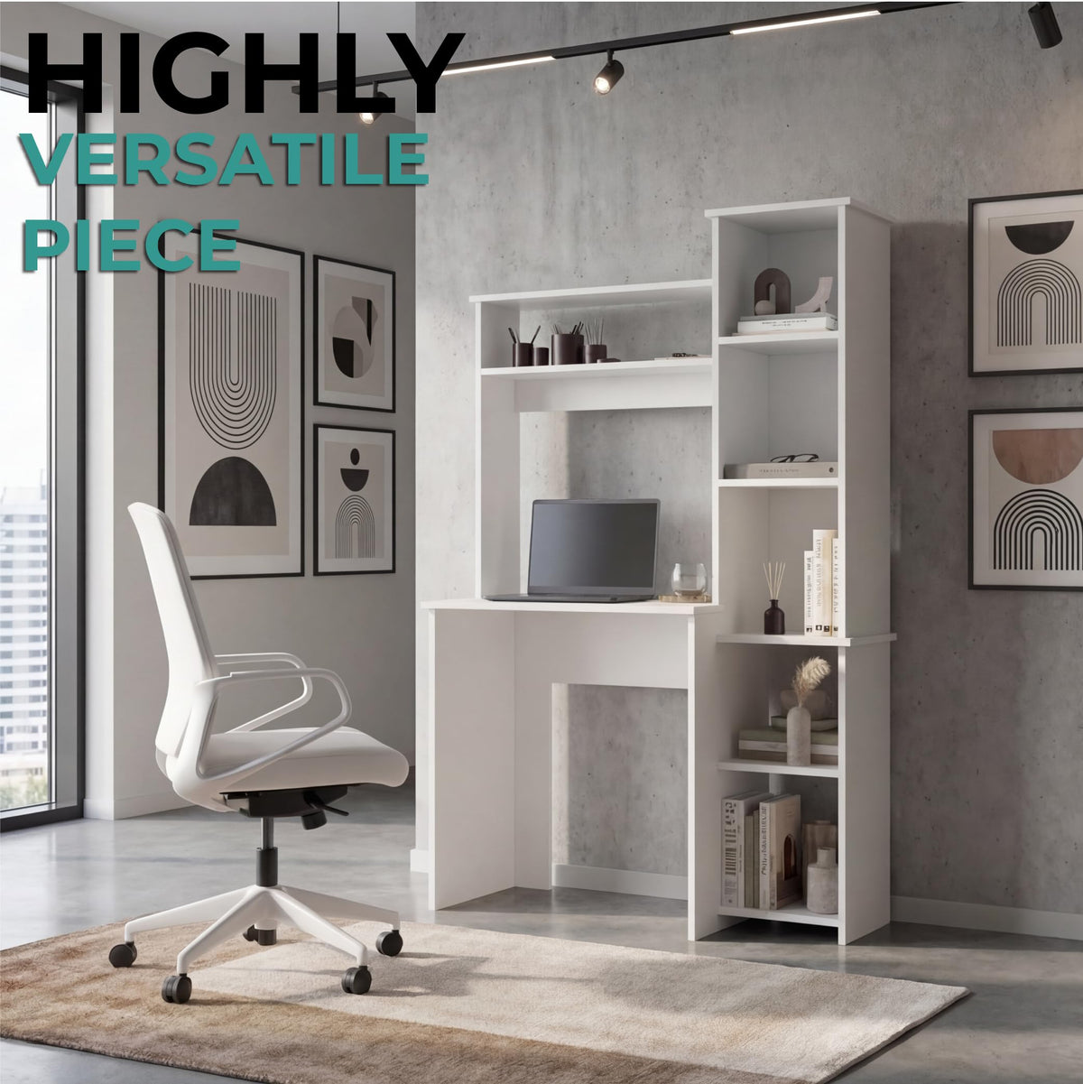 White Small Desk with Hutch and Bookshelf O462813
