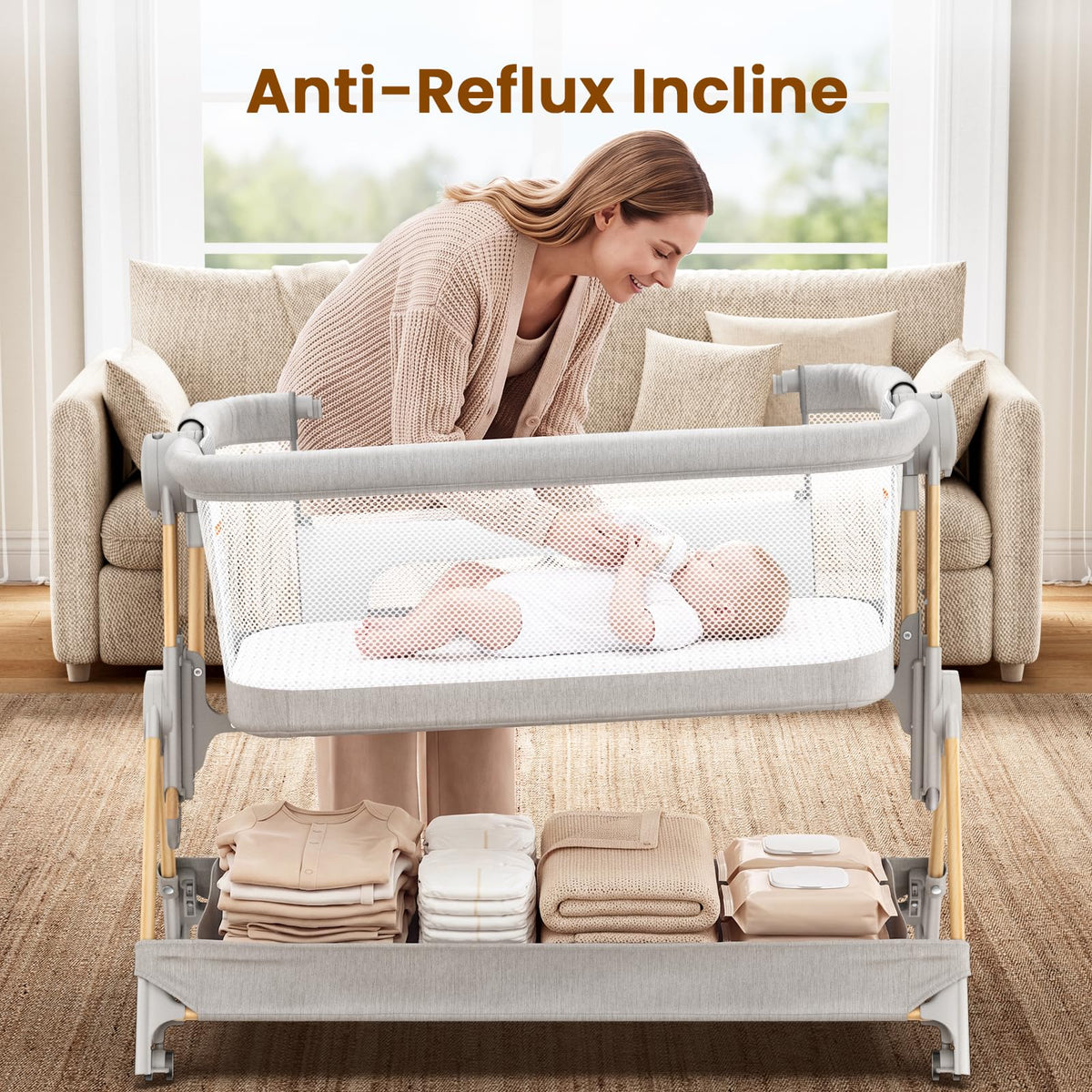 Baby Bassinet, 3-in-1 Bedside Sleeper, Foldable Crib Z667407