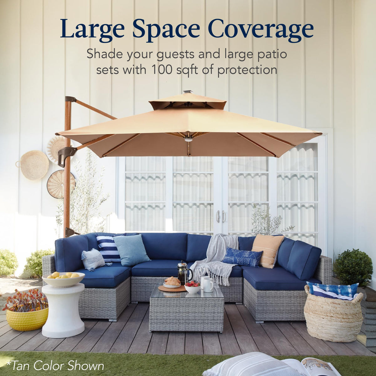 10ft Square Cantilever Patio Umbrella with Base and Solar LED Lights F648618