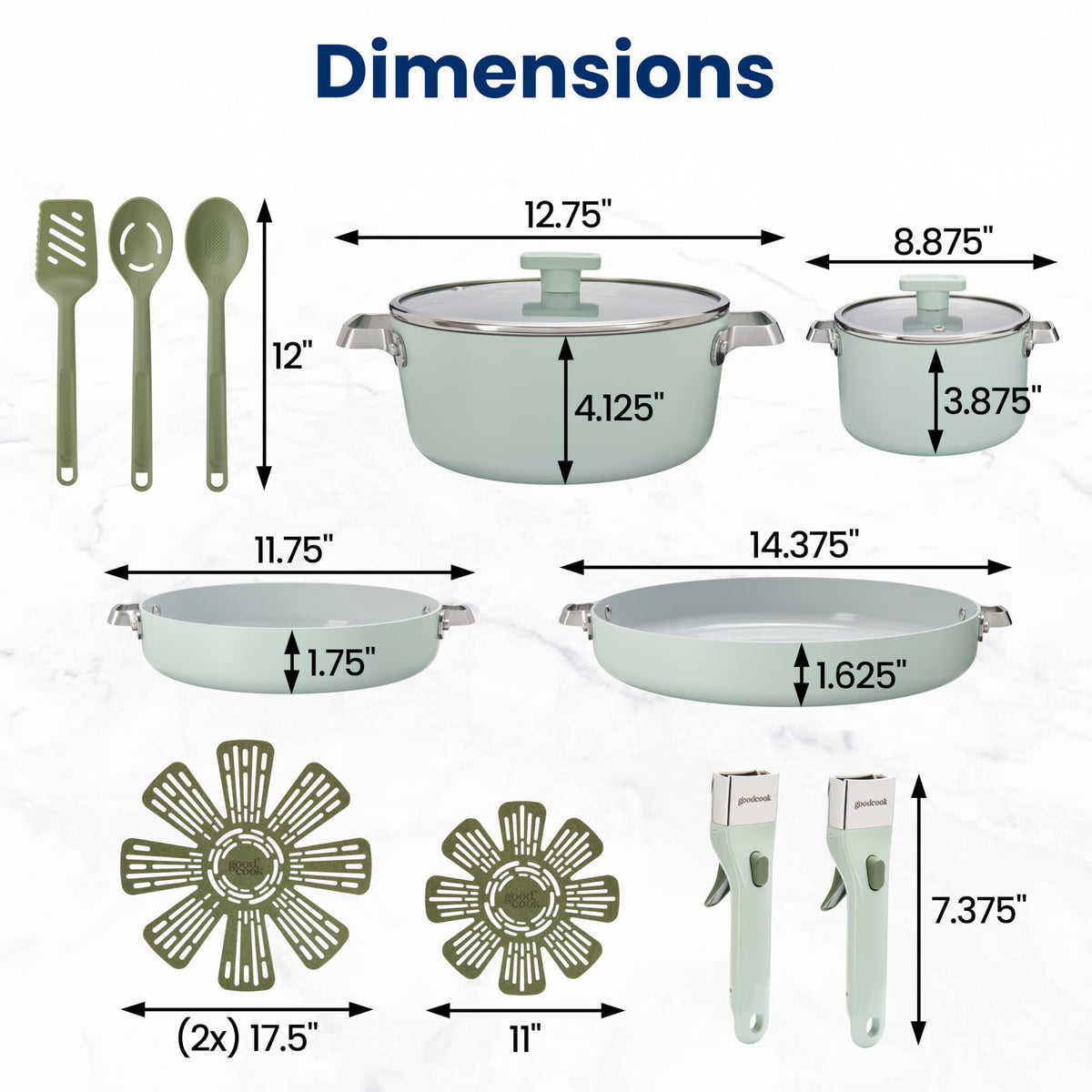 14-Piece Ceramic Cookware Set with Removable Handles, Sage Green G5876