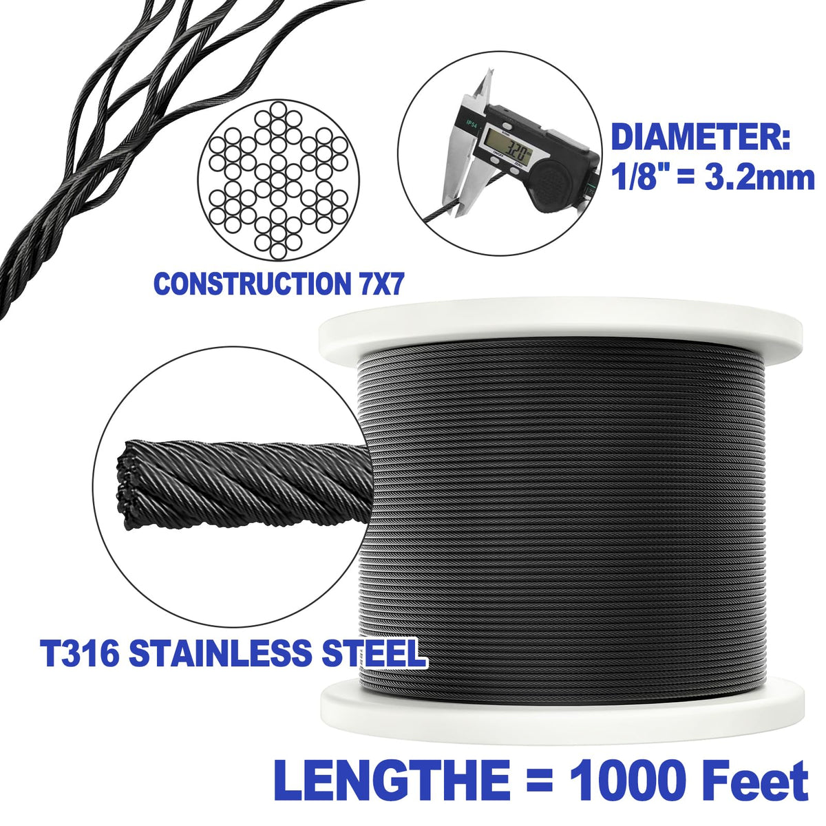 1000FT 1/8" Black T316 Stainless Steel Cable S826050