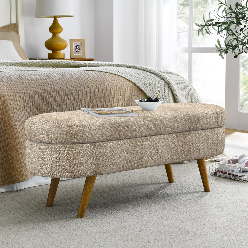 Oval Storage Bench with Rubber Wood Legs, Gray Z429977