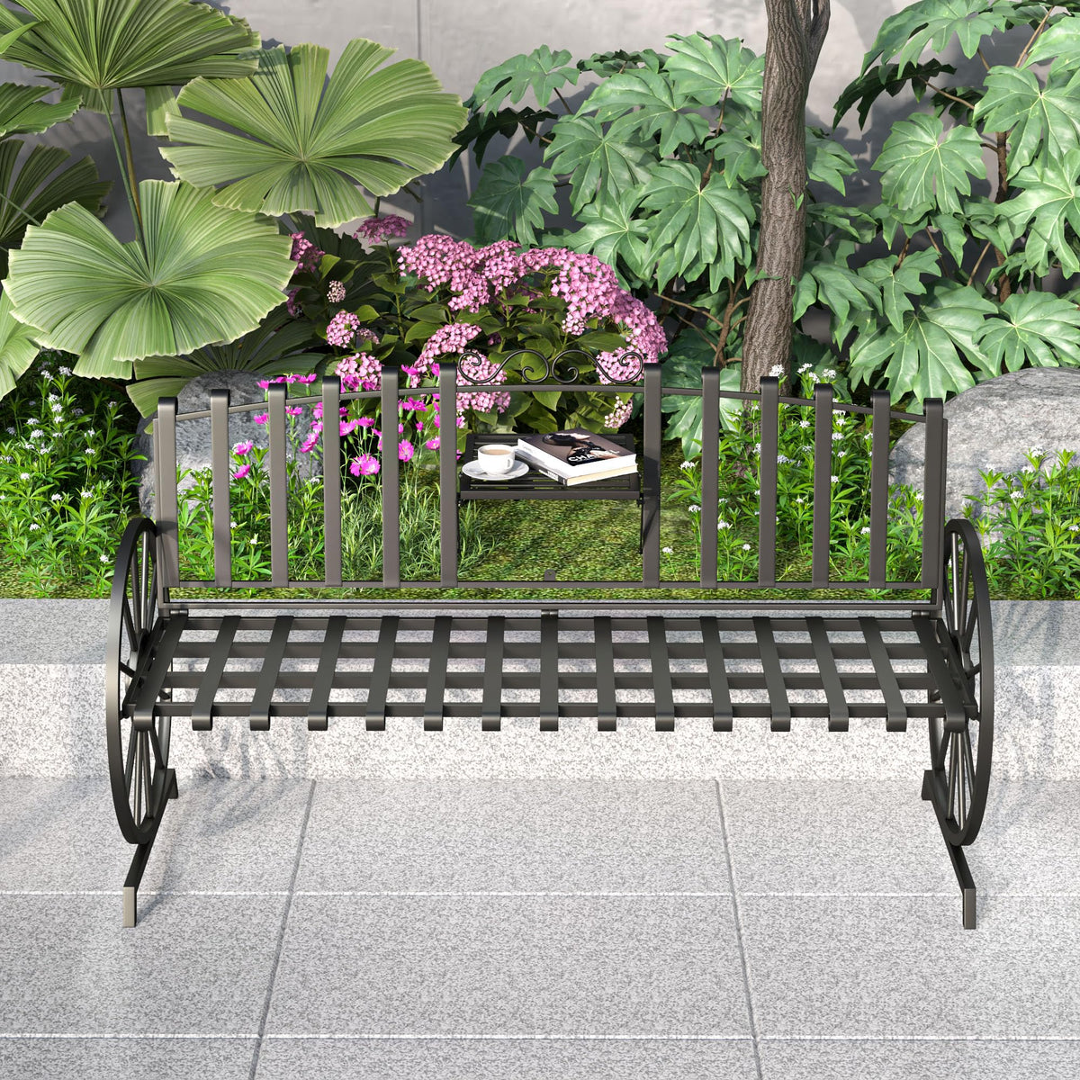 Black Outdoor Garden Bench with Built-in Table F20916