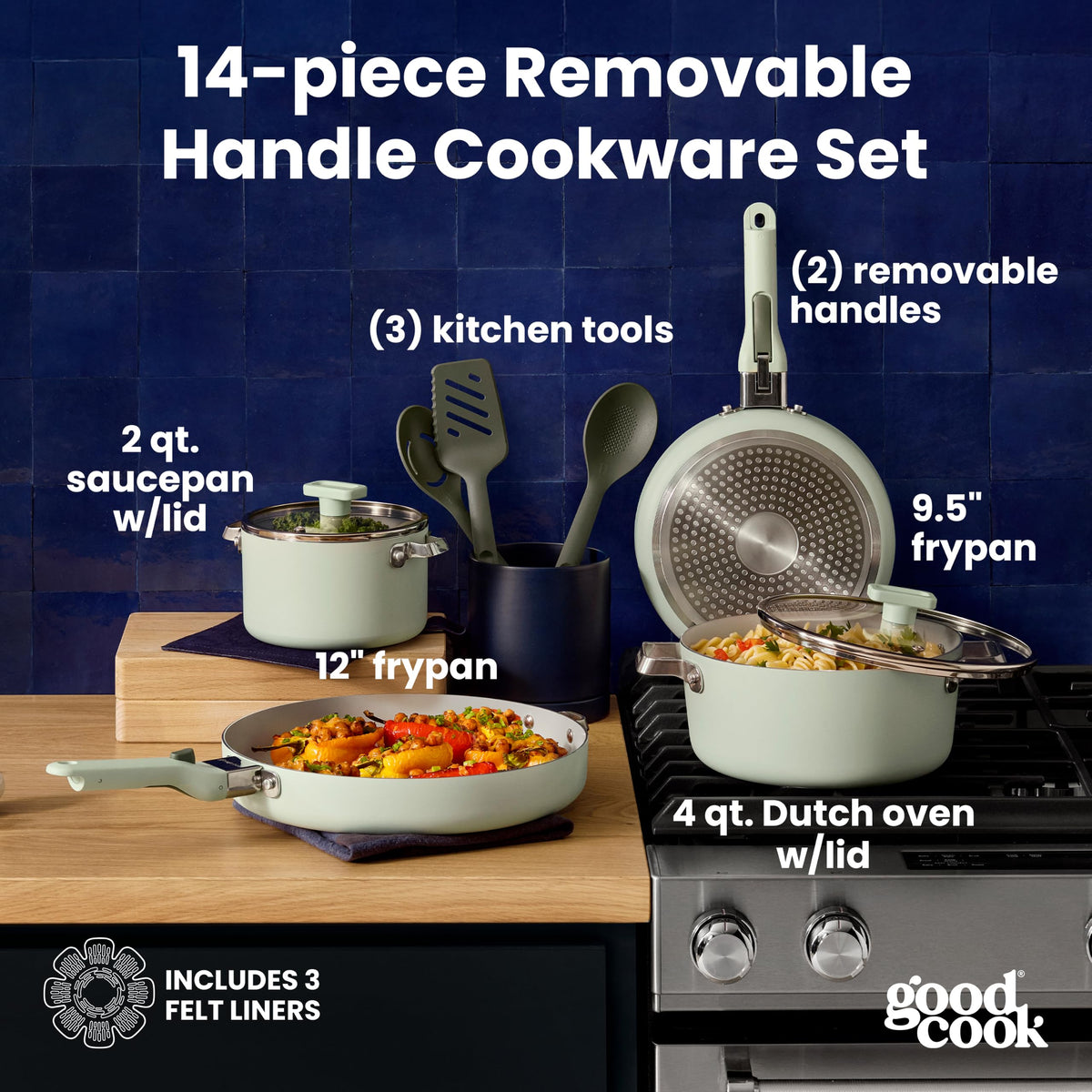 14-Piece Ceramic Cookware Set with Removable Handles, Sage Green G5876