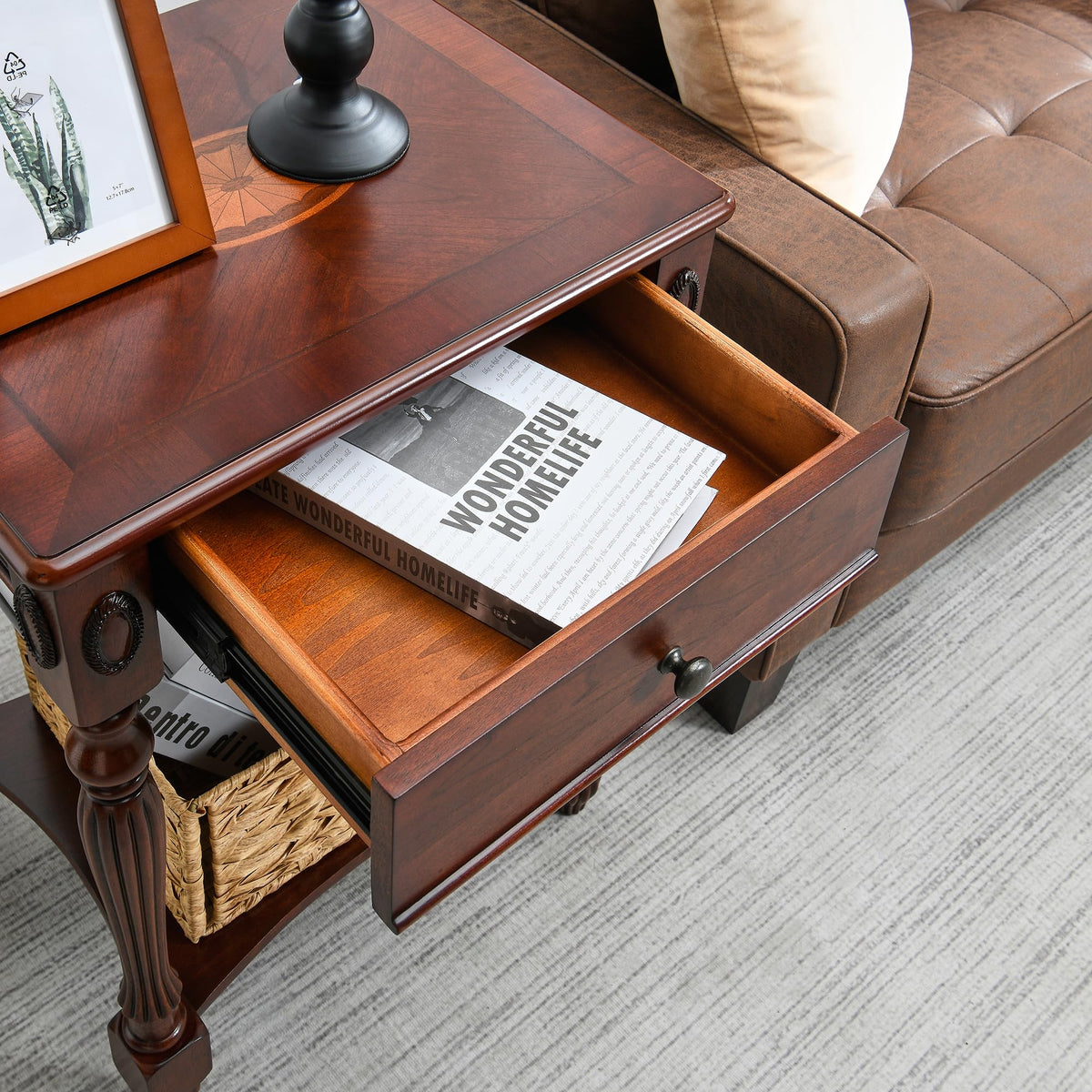 Solid Wood Side Table with Drawer and Storage Shelf F83263