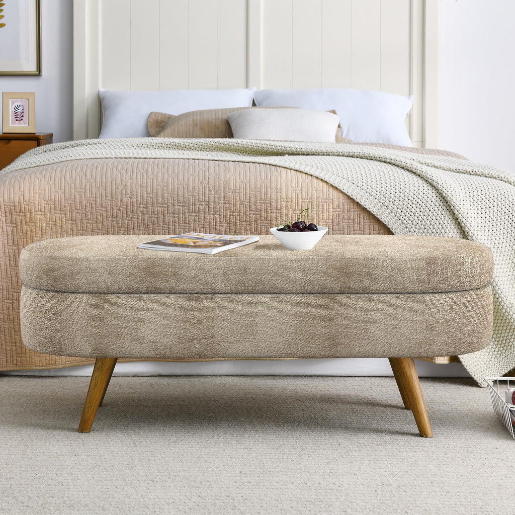 Oval Storage Bench with Rubber Wood Legs, Gray Z429977