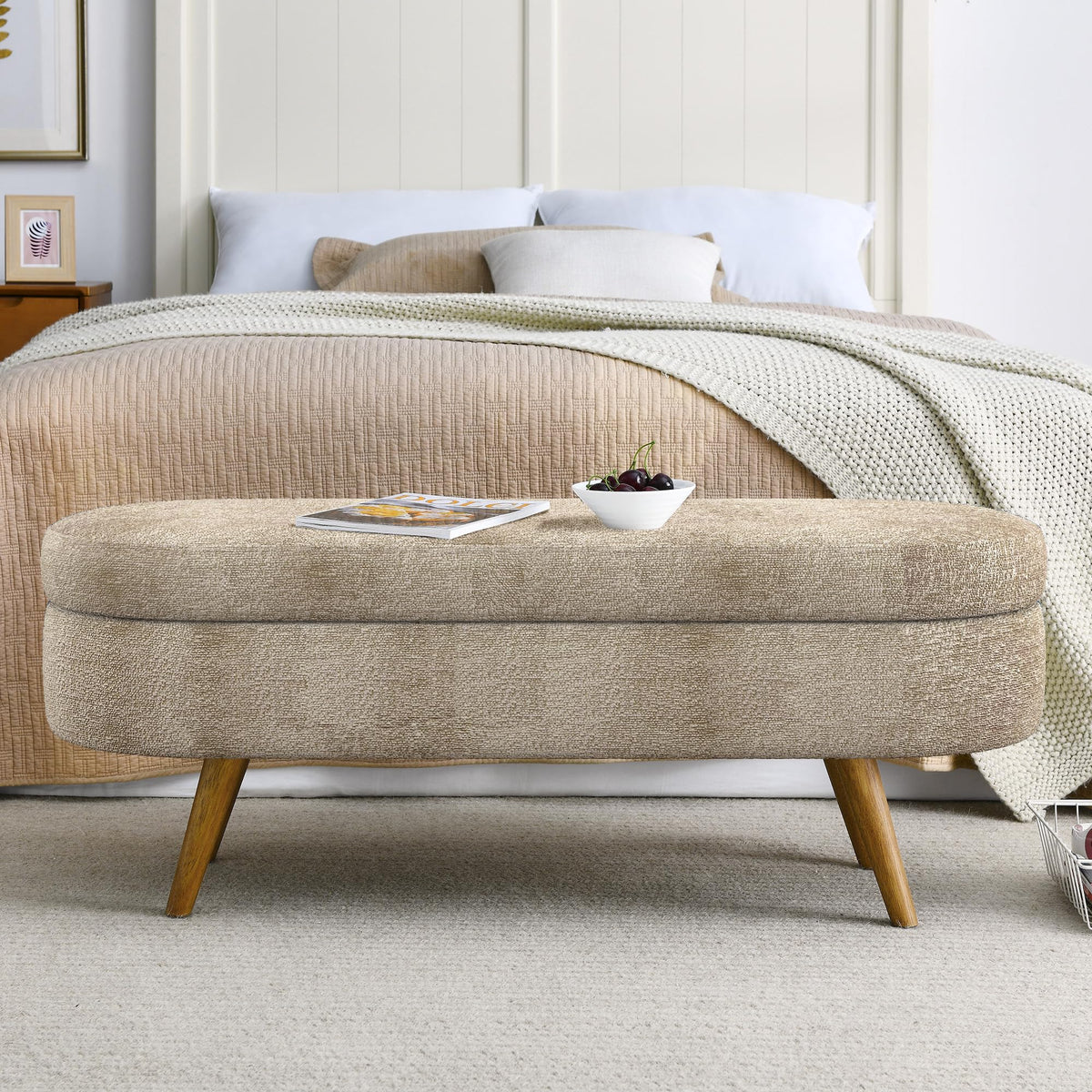 Oval Storage Bench with Rubber Wood Legs, Gray Z429977