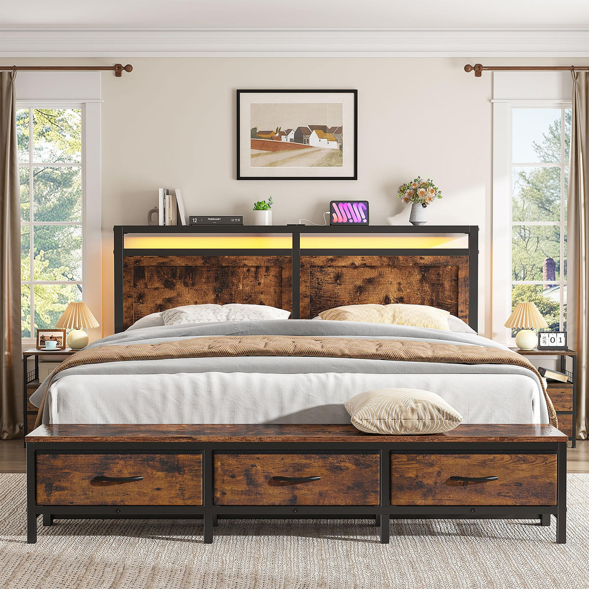 Queen Bed Frame with Ottoman & Charging Station X180312