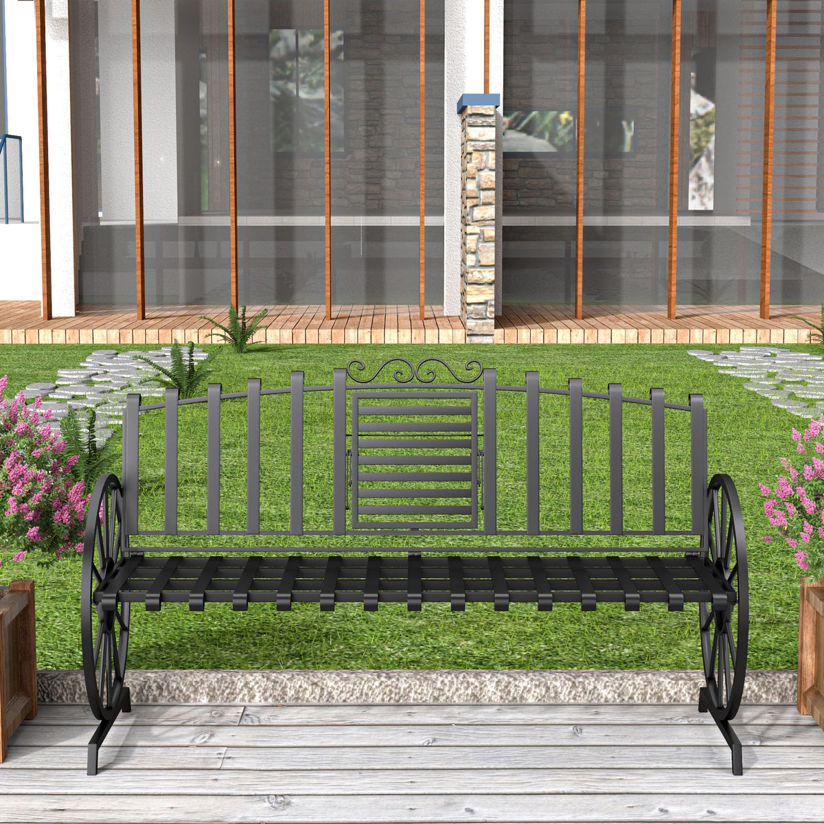 Black Outdoor Garden Bench with Built-in Table F20916
