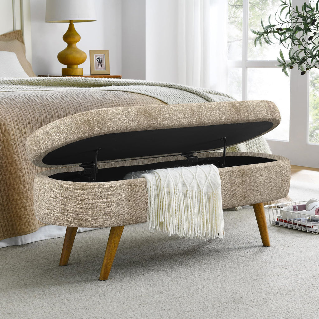 Oval Storage Bench with Rubber Wood Legs, Gray Z429977