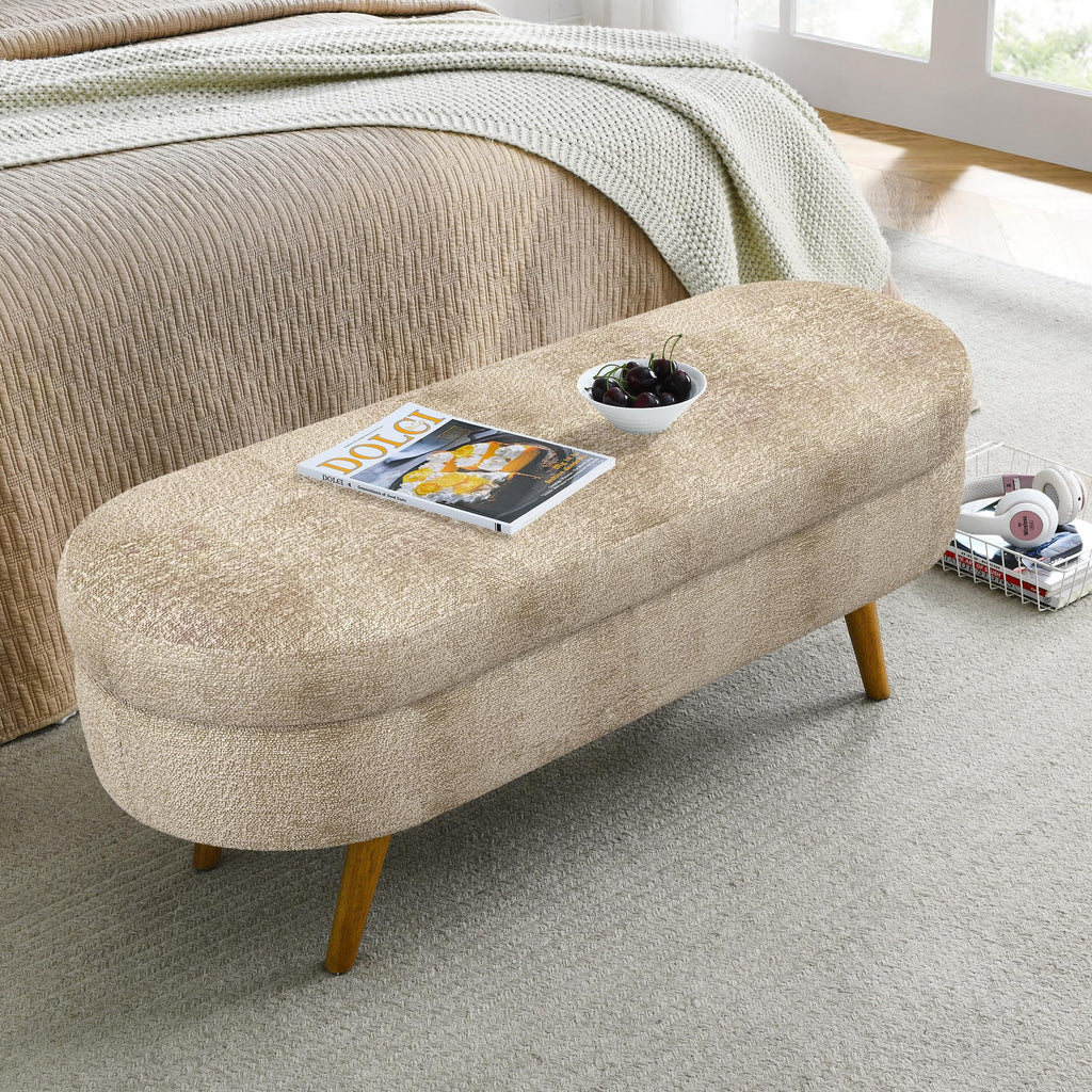 Oval Storage Bench with Rubber Wood Legs, Gray Z429977